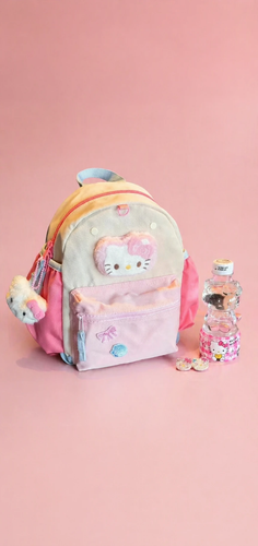 کوله پشتی دخترانه صورتی کرم طرح Hello Kitty با جیب جلویی