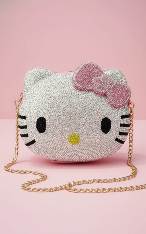 کیف دوشی دخترانه نگیندار طرح Hello Kitty با بند زنجیری طلایی