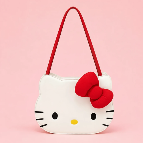 کیف دستی سفید فانتزی به شکل صورت شخصیت Hello Kitty با پاپیون بزرگ قرمز و بند شانهای قرمز